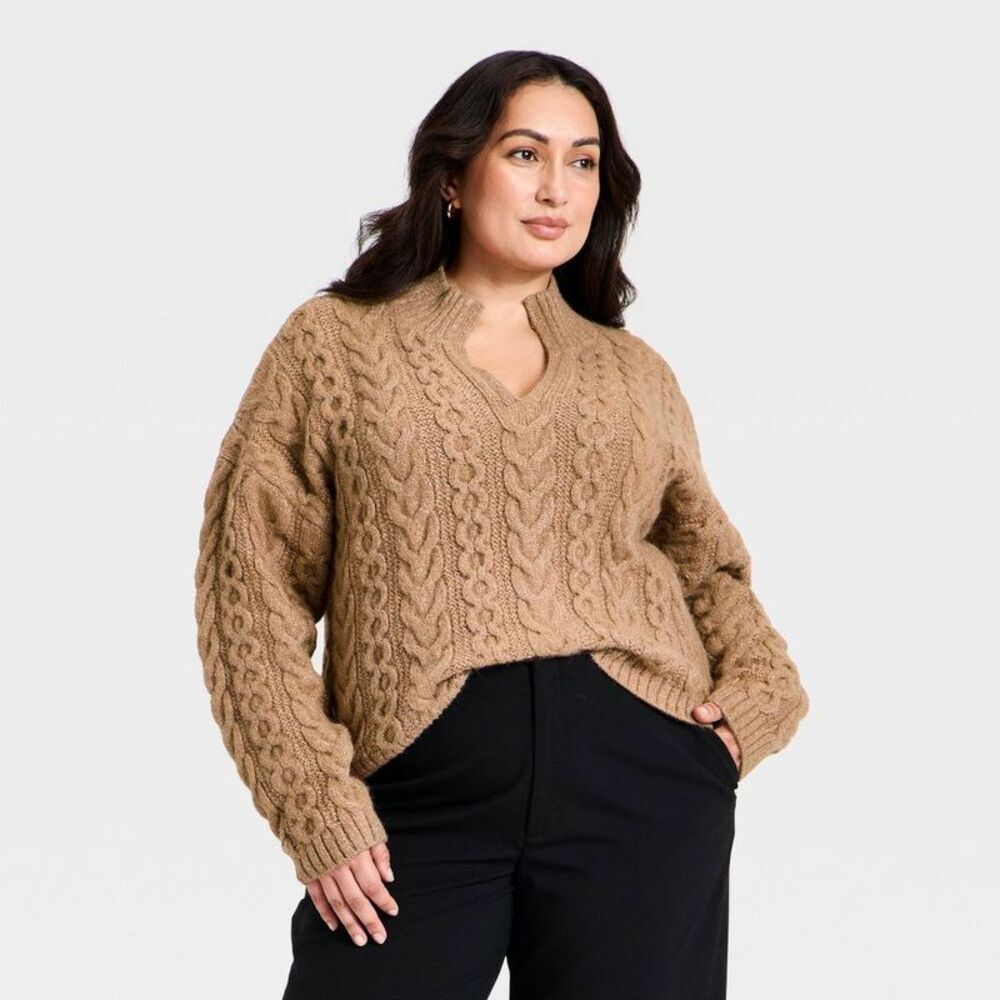 Women's Long Sleeve Split Neck Cable Pullover Sweater - A New Day Brown 3X